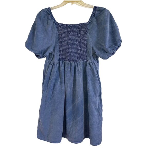 OLD NAVY L 100% Tencel Blue Demin Soft Chambray Dress Puff Sleeve Shirred Back - Picture 3 of 6